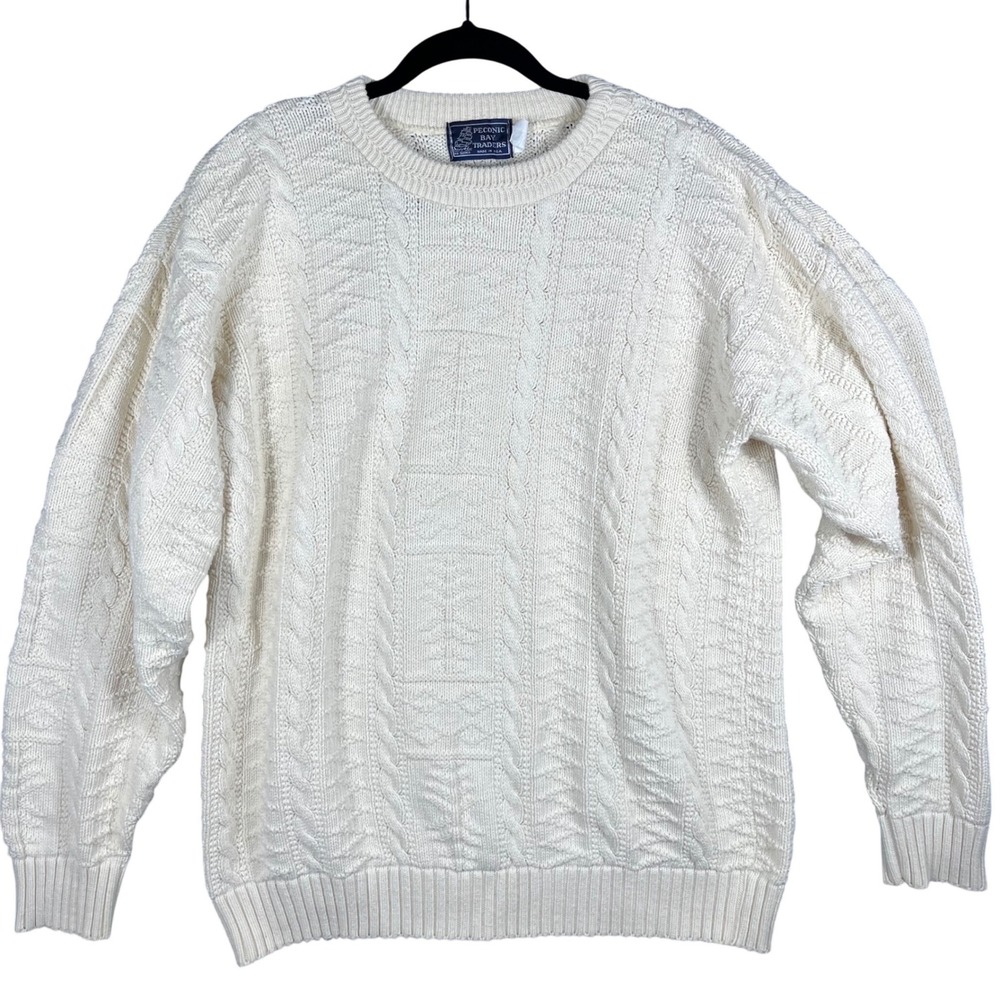 Vintage Peconic Bay Traders Sweater Mens‎ M Ivory Cable Knit Cotton Made in USA